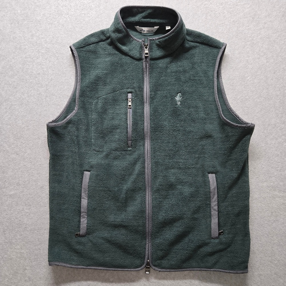Peter Millar Mens Micro Shearling Fleece Vest Green Full Zip Seahorse Logo M